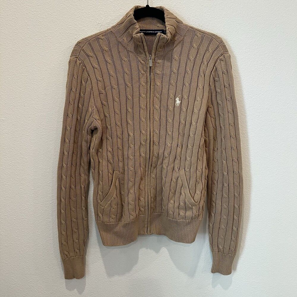 Ralph Lauren Sport Sweater Brown Cotton Cable Knit Mock Neck Zip Cardigan Sz L